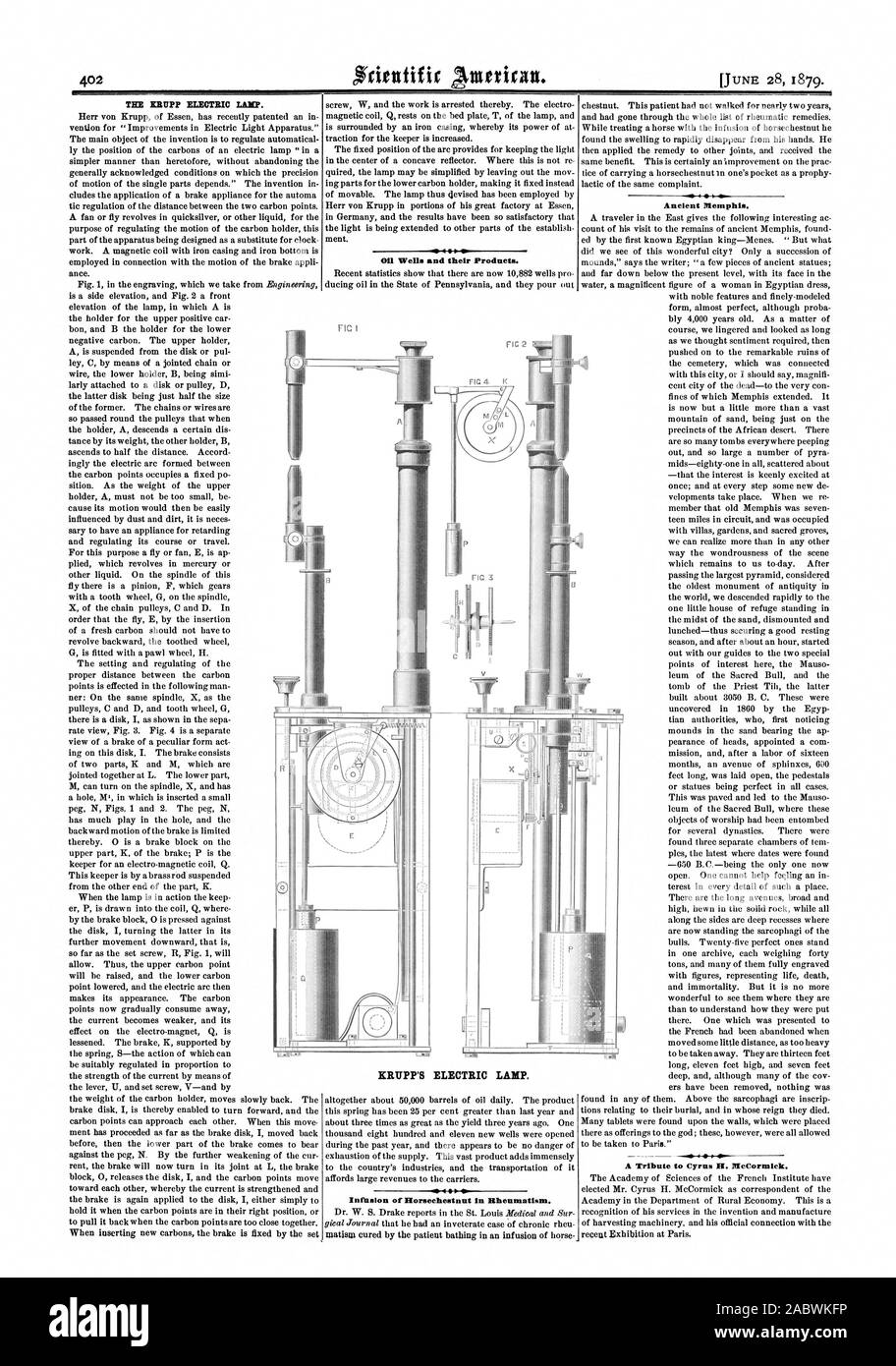 OH Wells and their Products. KRUPP'S ELECTRIC LANE Infusion of Borsechestnut in Rheumatism. Ancient Memphis. A Tribute to Cyrus H. McCormick., scientific american, 1879-06-28 Stock Photo