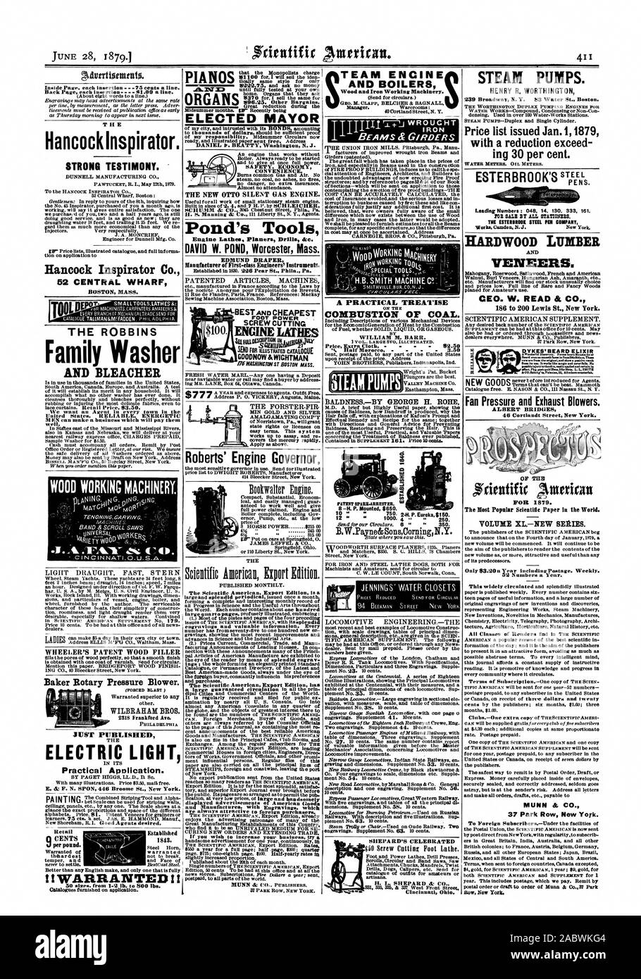 STEAM ENCINE AND BOILERS Wood and Iron Working Machinery. Manager. Warerooms: 40CortlandStreetN. Y. STEAM PUMPS. HENRY R. WORTHINGTON 239 Broadway N.Y. 83 Water St. Boston Price list issued Jan. 1 1879 with a reduction exceed ing 30 per cent. TOE SALE BY ALL STATIONERS. TR ESTERNIMIL STEEL PEN COMPANY HARDWOOD LUMBER AND VENEERS. Mahogany Rosewood Satinwood French and American CEO. W. READ & CO. Fan Pressure and Exhaust Blowers. ALBERT BRIDGES 46 Cortlandt Street New York. EDMUND DRAPER M96.25. Other Bargains. ELECTED MAYOR DANIEL I. BEATTY Washington N. J CONVENIENCE. Pond's Tools Engine Stock Photo