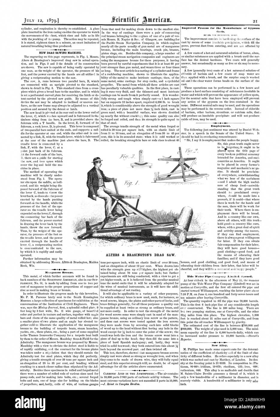 NEW DRAG SAWING MACHINE. Manganese Bronze. ALTERS & BRASINGTON'S DRAG SAW. Improved Process for the Manufacture of Gypsum Casts. Employment. Tide Water Pipe Company (Limited) Opened. New Alloy., scientific american, 1879-07-12 Stock Photo