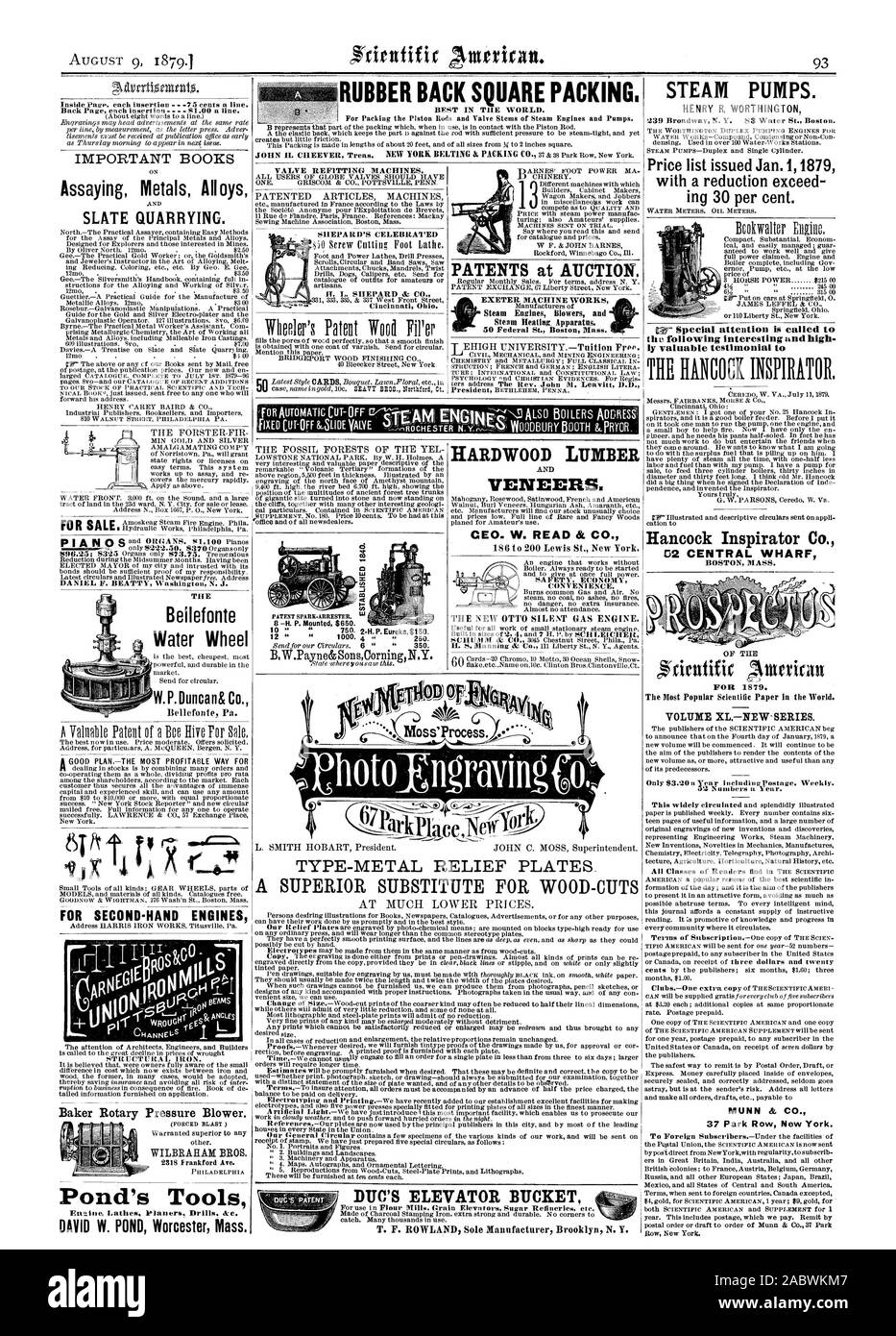 Baker Rotary Pressure Blower. Pond's Tools PATENTS at AUCTION. HARDWOOD LUMBER AND VENEERS. CEO. W. READ & CO. THE NEW OTTO SILENT GAS ENGINE. STEAM PUMPS. Price list issued Jan. 11879 with a reduction exceed ing 30 per cent. Nr Special attention is called t ly valuable testimonial t 02 CENTRAL WHARF The Most Popular Scientific Paper in the World. MUNN & CO. --p ENGINC Moss'Process. 5 TYPE-METAL RELIEF PLATES A SUPERIOR SUBSTITUTE FOR WOOD-CUTS DUO'S ELEVATOR BUCKET UBBER BACK SQUARE PACKING., scientific american, 1879-08-09 Stock Photo