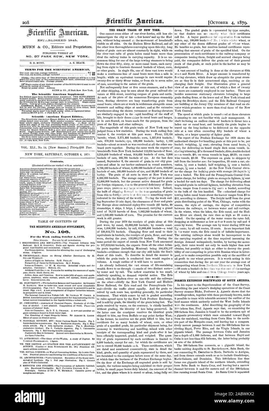 208 NO. 37 PARK ROW NEW YORK. TERMS FOR THE SCIENTIFIC AMERICAN. The Scientific American Supplement Scientific American Export Edition. Contents. THE SCIENTIFIC AMERICAN SUPPLEMENT 1Vc). MO THE GRAIN TRADE OF NEW YORK. [OCTOBER 4 1879. FORMER EXTENSION NORTHWARD OF SOUTH AMERICA., 1879-10-04 Stock Photo