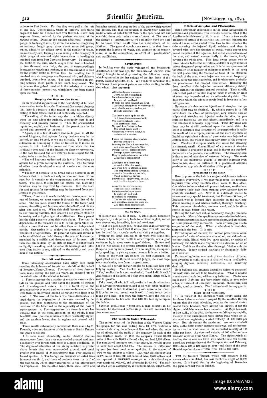 Keeping the Boys on the Farm. Rainfall and Forests. 4400 Ow Do It Well. The Western Union Telegraph. Effects of Atropine and Pilocarpine. Treatment of the Hair. 4 0 High Wind Velocities. 1441., scientific american, 1879-11-15 Stock Photo