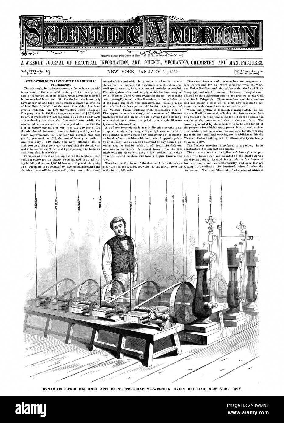 A WEEKLY JOURNAL OF PRACTICAL INFORMATION ART SCIENCE MECHANICS CHEMISTRY AND MANUFACTURES. Vol. XLIINo. 5.1 APPLICATION OF DYNAMO-ELECTRIC MACHINES T TELEGRAPHY. DYNAMO-ELECTRIC MACHINES APPLIED TO TELEGRAPHYWESTERN UNION BUILDING NEW YORK CITY., scientific american, 1880-01-31 Stock Photo