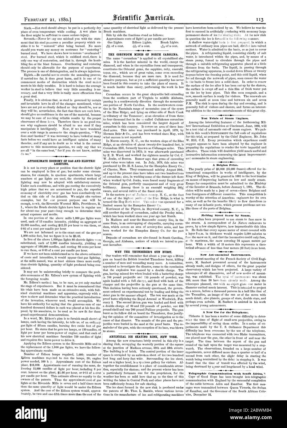 3 APPROXIMATE ECONOMY OF GAS AND ELECTRIC LIGHTING. THE CORUNDUM MINES OF NORTH CAROLINA. WHY THE THUNDERER'S GUN BURST. ARTIFICIAL ICE SKATING RINK NEW YORK. Test Trials of Steam Engines. A Belgian Prize. Melting Street Snow by Steam. New Astronomical Instruments. A New Use for the Telephone., scientific american, 1880-02-21 Stock Photo