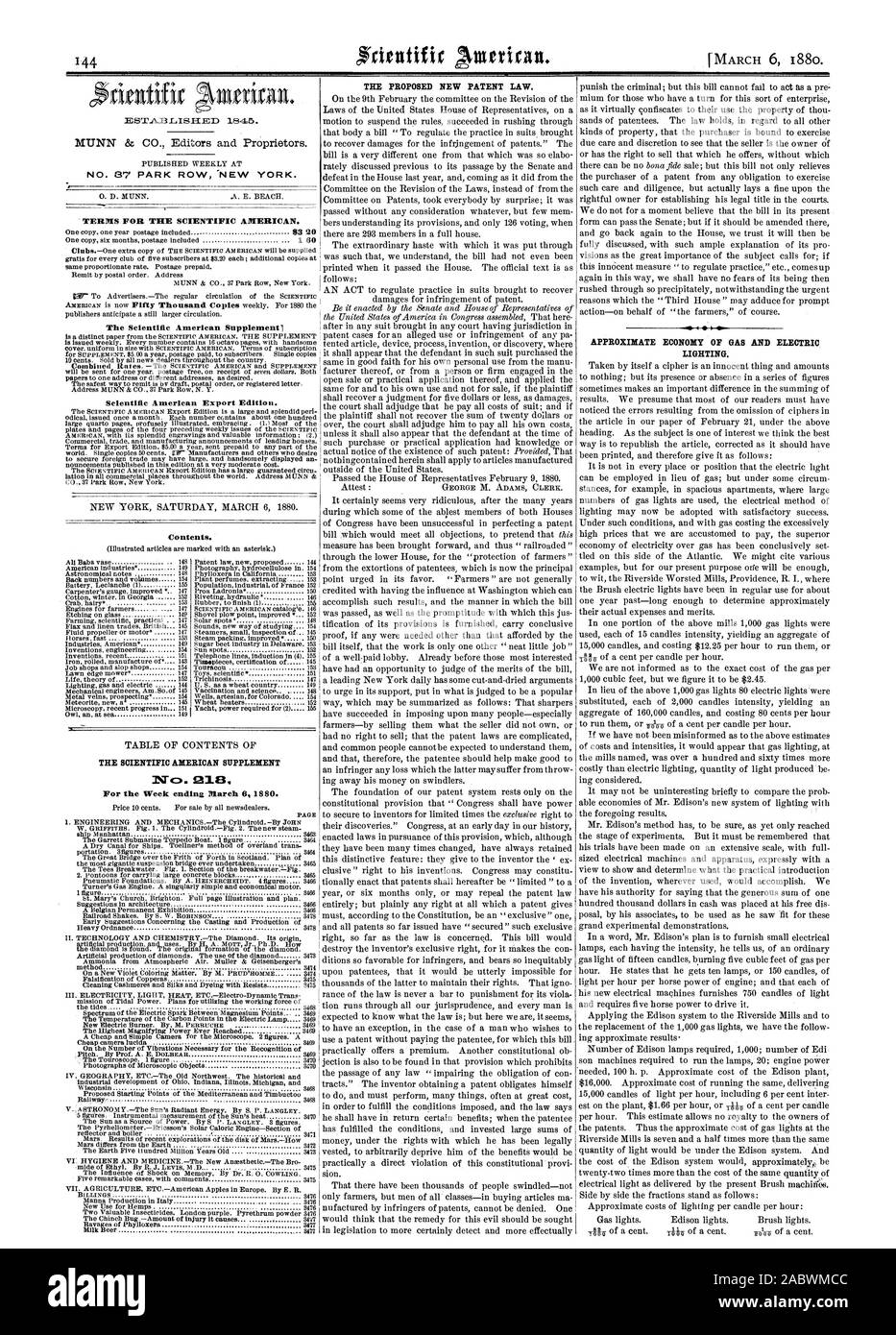NO. 87 PARK ROW NEW YORK. TERMS FOR THE SCIENTIFIC AMERICAN. The Scientific American Supplement1 Scientific American Export Edition. Contents. THE SCIENTIFIC AMERICAN SUPPLEMENT 123. For the Week ending March 6 1880. THE PROPOSED NEW PATENT LAW. APPROXIMATE ECONOMY OF GAS AND ELECTRIC LIGHTING., 1880-03-06 Stock Photo