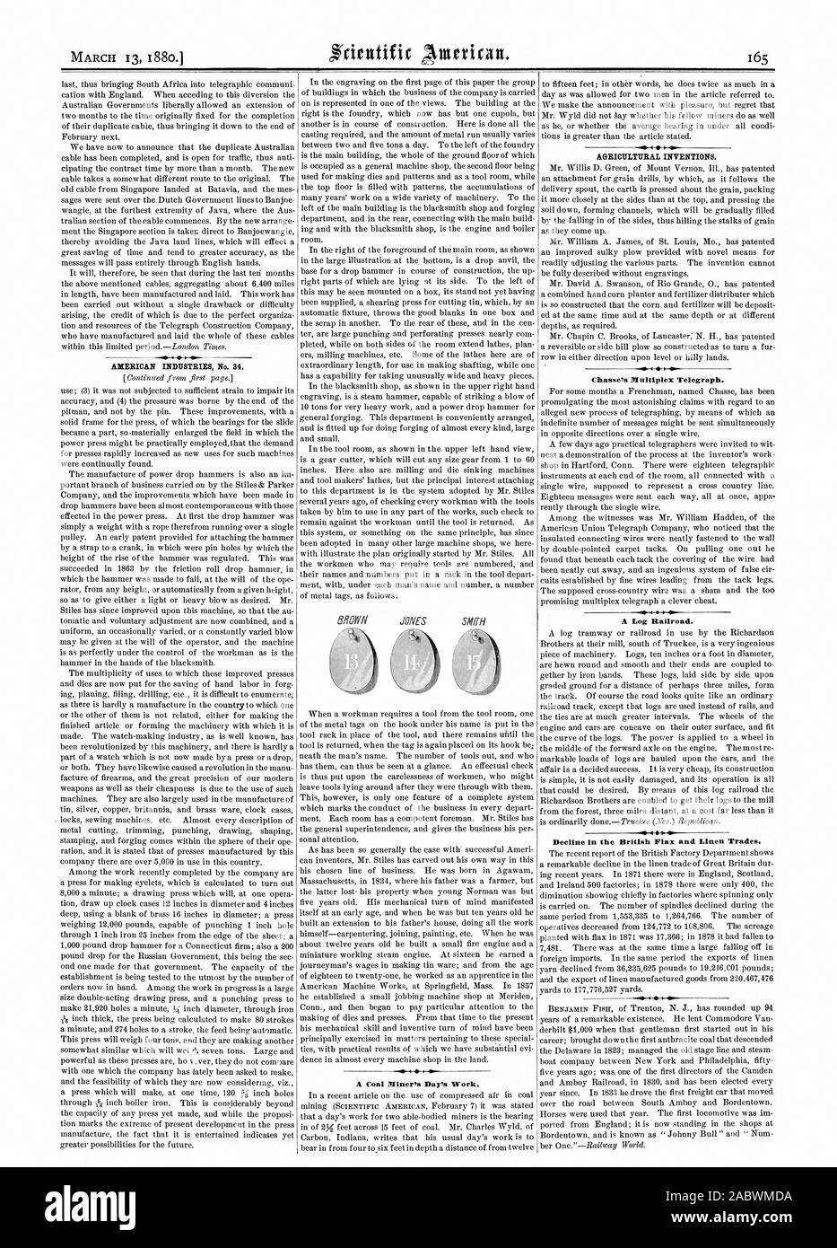 AMERICAN INDUSTRIES No. 34. A Coal Miner's Day's Work. AGRICULTURAL INVENTIONS. Chasse's Multiplex Telegraph. A Log Railroad., scientific american, 80-03-13 Stock Photo