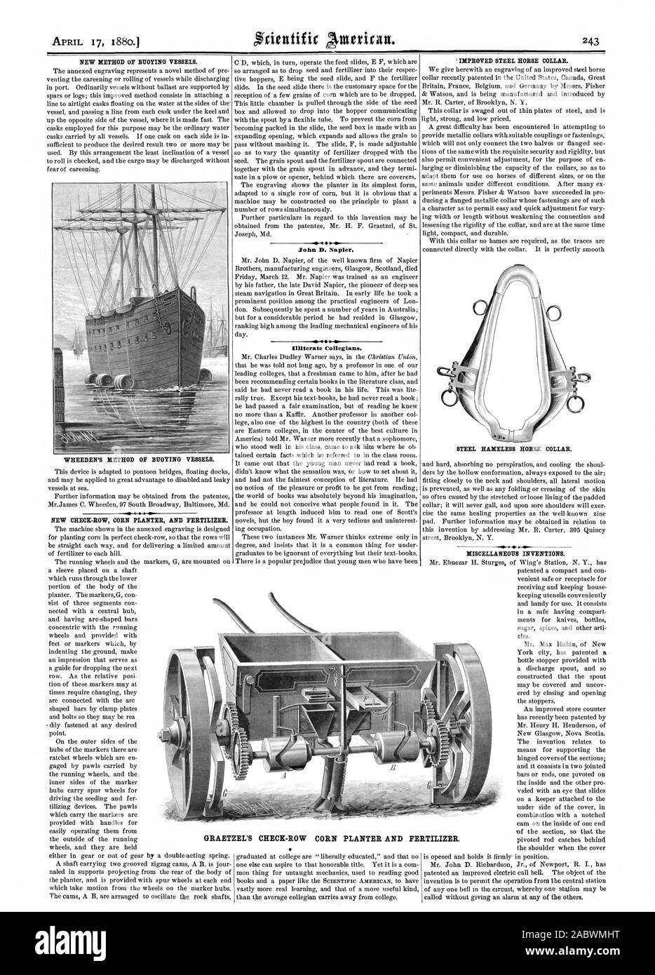 NEW METHOD OF BUOYING VESSELS. WHEEDEN'S METHOD OF BUOYING VESSELS. 4  John D. Napier. Illiterate Collegians. IMPROVED STEEL HORSE COLLAR. STEEL HADIELESS HORSE COLLAR. MISCELLANEOUS INVENTIONS. GRAETZEL'S CHECK-ROW CORN PLANTER AND FERTILIZER., scientific american, 1880-04-17 Stock Photo