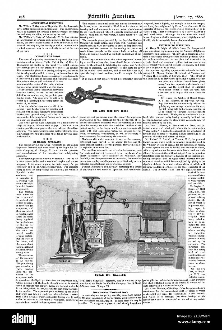 AGRICULTURAL INVENTIONS. A 4I IMPROVED PIPE TONGS. BOYLE ICE MACHINE ...