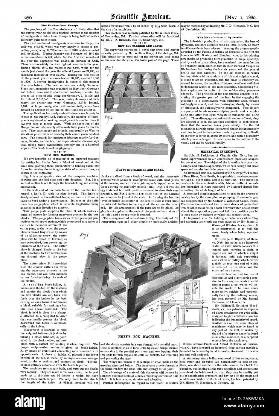 MAY I 1880. The Exodus from Europe. I 0 The Manufacture of Dynamite. MECHANICAL INVENTIONS. HURT'S EGG CARRIER AND CRATE. H1TEY'S BOX MACHINE., scientific american, 1880-05-01 Stock Photo