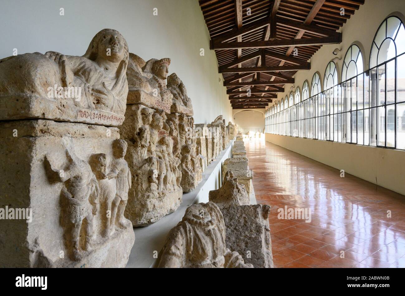 Perugia. Italy. Etruscan cinerary urns at the Museo Archeologico Nazionale dell' Umbria (MANU - National Archaeological Museum of Umbria). Stock Photo
