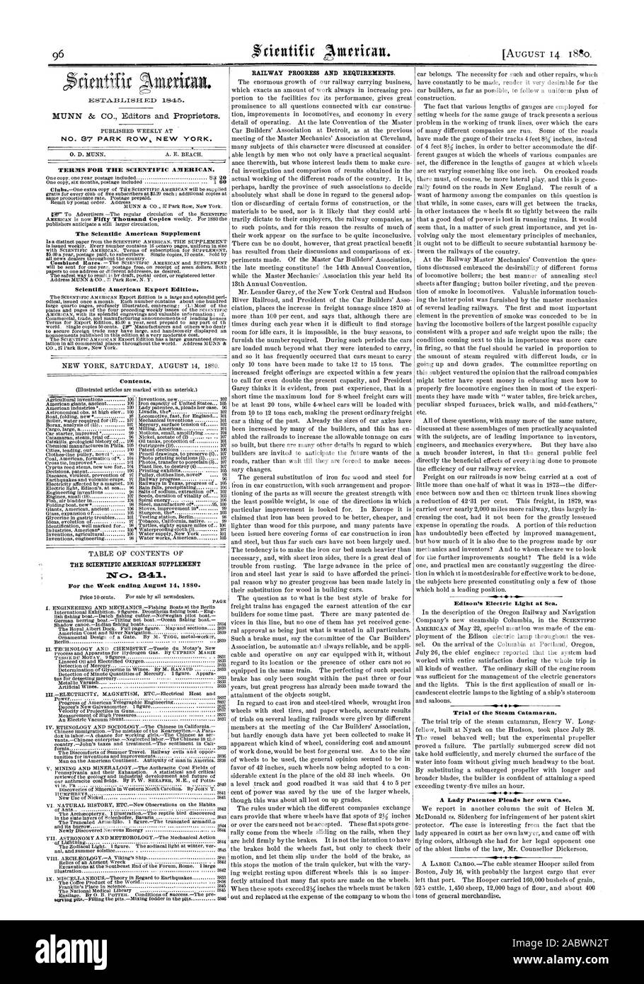NScientific American Export Edition. RAILWAY PROGRESS AND REQUIREMENTS. Edison's Electric Light at Sea. Trial of the Steam Catamaran. A Lady Patentee Pleads her own Case. Contents. THE SCIENTIFIC AMERICAN SUPPLEMENT 1Vo. 041. For the Week ending August 14 1880., 1880-08-14 Stock Photo