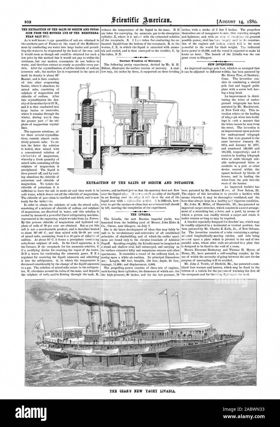 THE EXTRACTION OF THE SALTS OF SODIUM AND POTAS SIUM FROM THE MOTHER LYE OF THE MEDITERRA NEAN SALT PITS. Surface Tension of Mercury. THE LIVADIA. NEW INVENTIONS. EXTRACTION OF THE SALTS OF SODIUM AND POT ASSIU. THE CZAR'S NEW YACHT LIVADIA., scientific american, 1880-08-14 Stock Photo