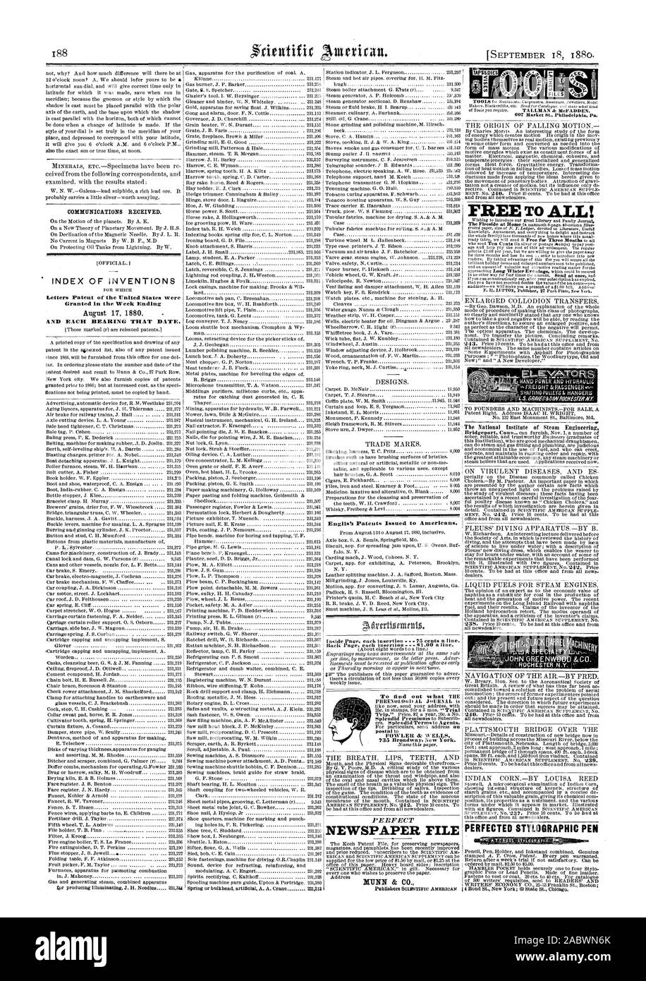 English Patents Issued to Americans. Bach Page each insertion- S1.00 a line. NEWSPAPER FILE MUNN & CO. 607 Market St. Philadelphia Pa. PERFECTED STYLOGRAPHIC PEN INDEX OF INVENTIONS Letters Patent of the United States were Granted in the Week Ending August 17 1880 AND EACH BEARING THAT DATE. To find out what THE PHRE501.0441( AL JoURIAL is postal t FOWLER dz WELLS 733 Broadway New York., scientific american, 1880-09-18 Stock Photo