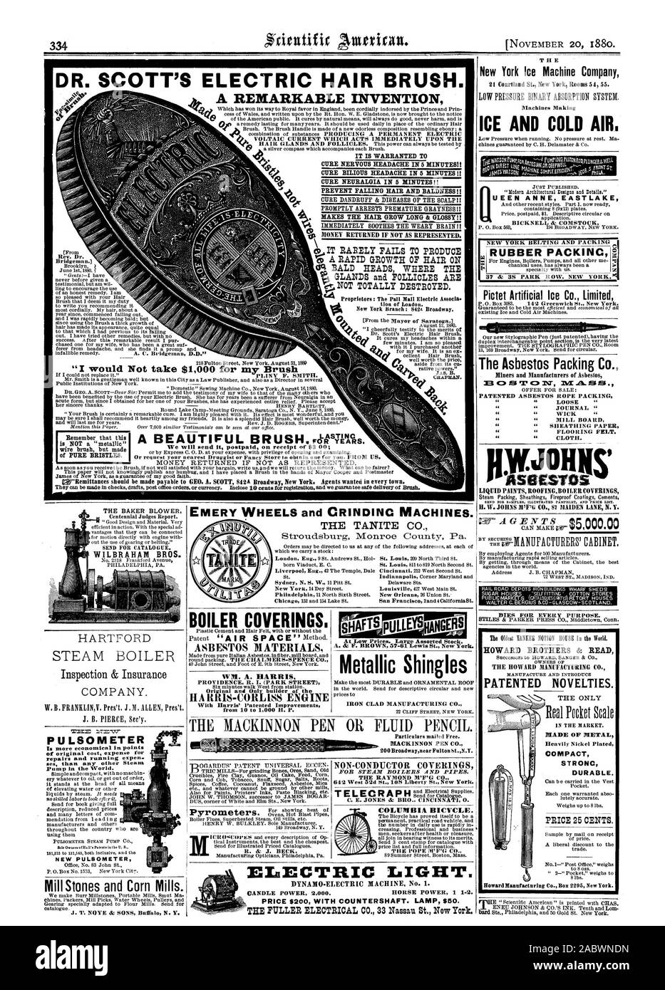 DR. SCOTT'S ELECTRIC HAIR BRUSH. 44 A REMARKABLE INVENTION 1 VOLTAIC CURRENT WHICH ACTS IMMEDIATELY UPON THE MONEY RETURNED IF NOT IS REPRESENTED. Rev. Dr. Bridgeman. CURE NERVOUS HEADACHE IN 5 MINUTES!! CURE BILIOUS HEADACHE IN 5 MINUTES!! PREVENT FALLING HAIR AND BALDNESS!! CUBE PROMPTLY ARRESTS PREMATURE GRAYNESS!! IMMEDIATELY SOOTHES THE WEARY BRAIN!! m IT RARELY FAILS TO PRODUCE m A RAPID GROWTH OF HAIR ON act BALD HEADS WHERE THE et NOT TOTALLY DESTROYED. tion of London. THE New York Ice Machine Company ICE AND COLD AIR. UEEN ANNE EASTLAKE BICKNELL & COMSTOCK NEW YORK BELTING AND Stock Photo