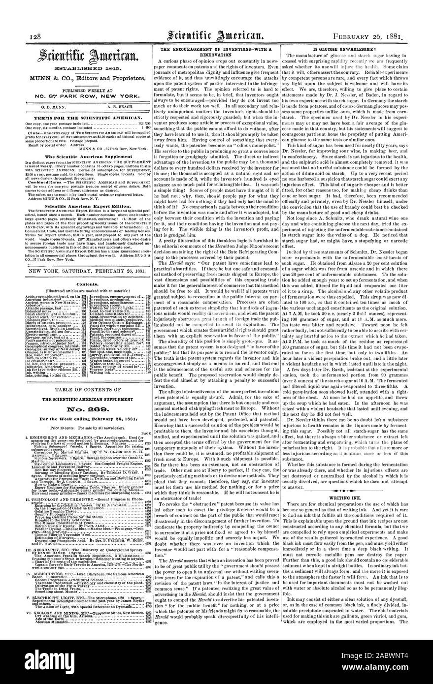 IBST'AB 1ISH EEO 1845. PUBLISHED WEEKLY AT 0. D. MUNN. A. E. BEACH. TERMS FOR THE SCIENTIFIC AMERICAN. The Scientific American Supplement Scientific American Export Edition. Contents. THE SCIENTIFIC AMERICAN SUPPLEMENT 1%Tcy. 209. For the Week ending February 26 1861. THE ENCOURAGEMENT OF INVENTIONS—WITH A WRITING INK., 1881-02-26 Stock Photo
