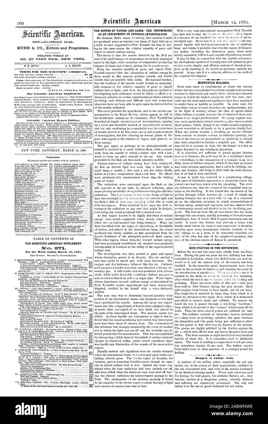 MUNN & CO. Editors and Proprietors. PUBLISHED WEEKLY AT NO. 37 PARK ROW NEW YORK. 0. D. MUNN. A. E. BEACH. TERMS FOR THE SCIENTIFIC AMERICAN. The Scientific American Supplement Scientific American Export Edition. Contents. THE SCIENTIFIC AMERICAN SUPPLEMENT 071. For the Week ending March 12. 1881. THE SOUNDS OF VAPORS AND GASES THE PHOTOPHONE AS AN INSTRUMENT Ok PHYSICAL INVESTIGATION. Mr. Graham Bell's recent discovery that musical sounds are produced when an intermittent beam of light falls upon a solid at once suggested to Prof. Tyndall the idea of test ing by the same means the relative Stock Photo