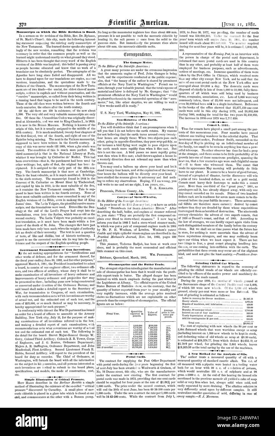 Manuscripts on which the Bible Revision is Based. Government Examinations of Gun Inventions. Simple Illustration of Critical Pressure. Comet I. 1881. Grinding Chilled Car Wheels. A New Method for the Analysis of Oils. The Gamgee Motor. Non-Rotation of the Earth. Compound Stern-Wheeler Oleomargarine and the Butter Trade., scientific american, 1881-06-11 Stock Photo