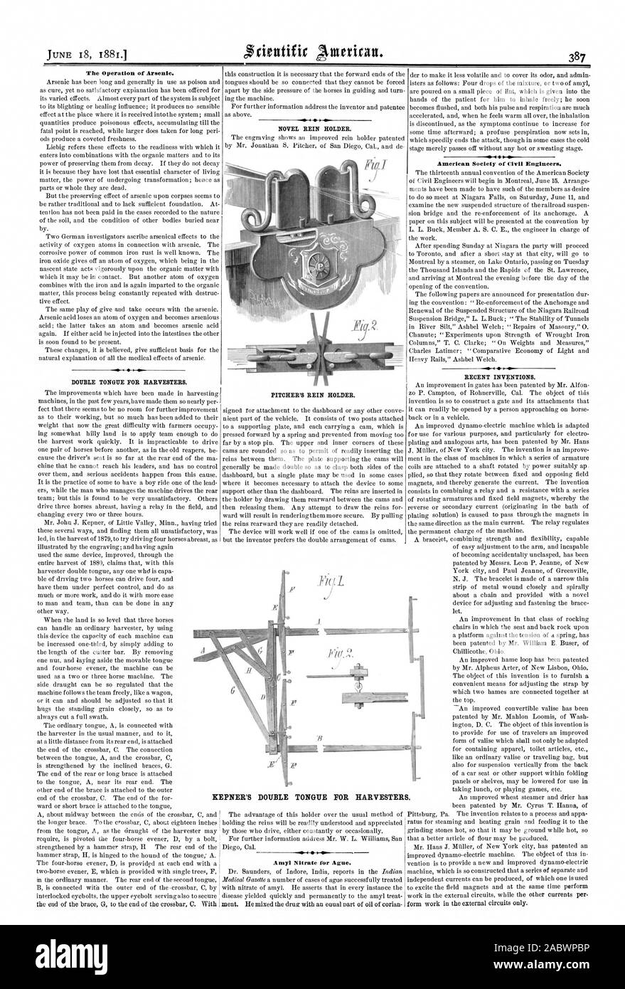 The Operation of Arsenic. DOUBLE TONGUE FOR HARVESTERS. NOVEL REIN HOLDER. PITCHER'S REIN HOLDER. Amyl Nitrate for Ague. American Society of Civil Engineers. RECENT INVENTIONS. FOR HARVESTERS. KEPNER'S DOUBLE TONGUE, scientific american, 1881-06-18 Stock Photo