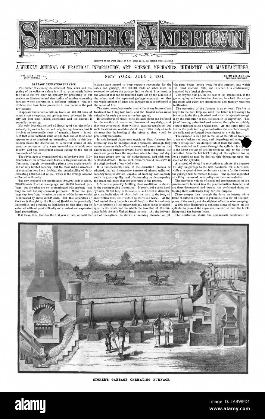 Vol. XLV No. 1. GARBAGE CREMATING FURNACE. STORER'S GARBAGE CREMATING FURNACE., scientific american, 1881-07-02 Stock Photo