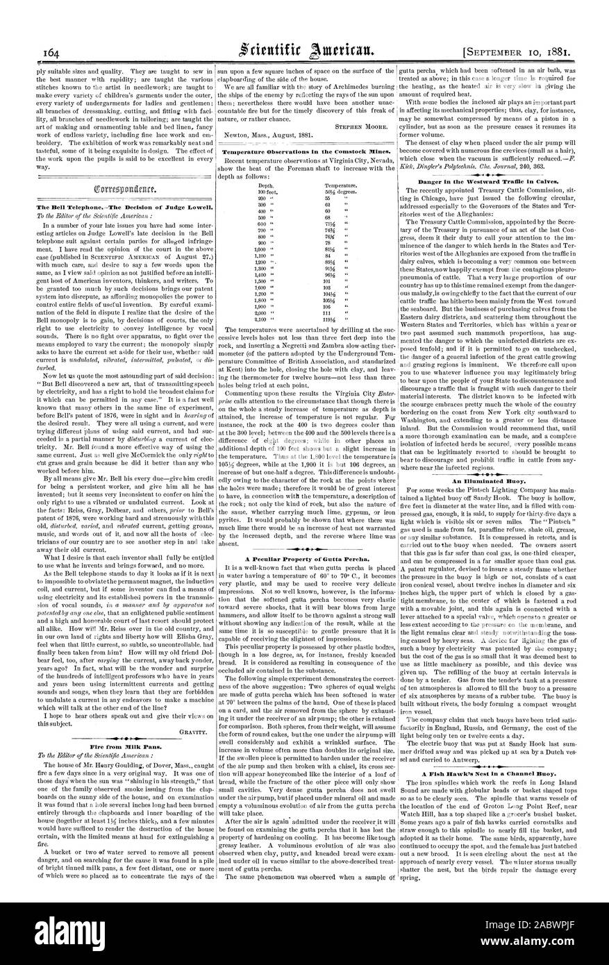 The Bell TelephoneThe Decision of Judge Lowell. Fire from Milk Pans. Temperature Observations in the Comstock Mines. A Peculiar Property of Gutta Percha. Danger in the Westward Traffic in Calves. An Illuminated Buoy. A Fish Hawk's Nest in a Channel Buoy., scientific american, 81-09-10 Stock Photo