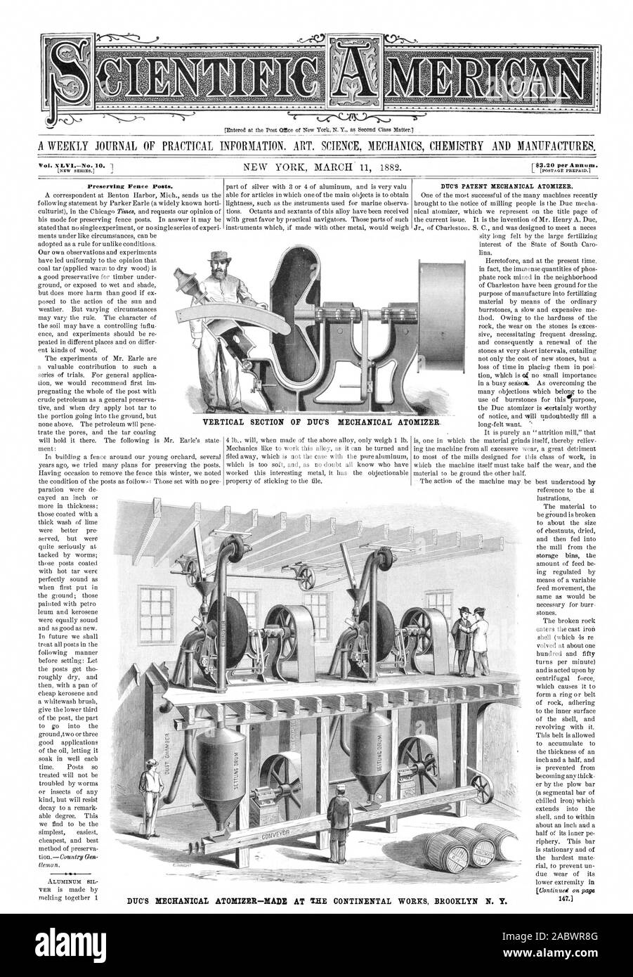 NLV1No. 10. 1 Preserving Fence Posts. DUC'S PATENT MECHANICAL ATOMIZER. VERTICAL SECTION OF DUC'S MECHANICAL ATOMIZER. DUC'S MECHANICAL ATOMIZER—MADE AT VIE CONTINENTAL WORKS BROOKLYN N. Y. 147.], scientific american, 1882-03-11 Stock Photo