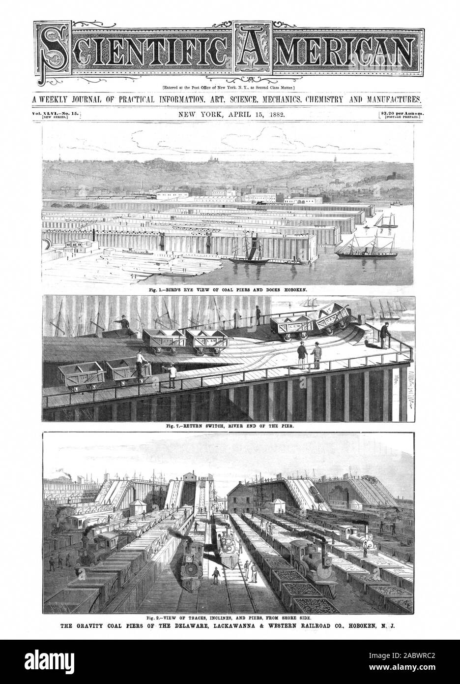 Fig. I. BIRD'S EYE VIEW OF COAL PIERS AND DOCKS HOBOKEN. Fig. 2.-VIEW OF TRACKS INCLINES AND PIERS FROM SHORE SIDE. THE GRAVITY COAL PIERS OF THE DELAWARE LACKAWANNA & WESTERN RAILROAD CO. HOBOKEN N. J. I $3.20 per Annum imaimummahmo. Fig. 7.-RETURN SWITCH RIVER END OF THE PIER.  04, scientific american, 1882-04-15 Stock Photo