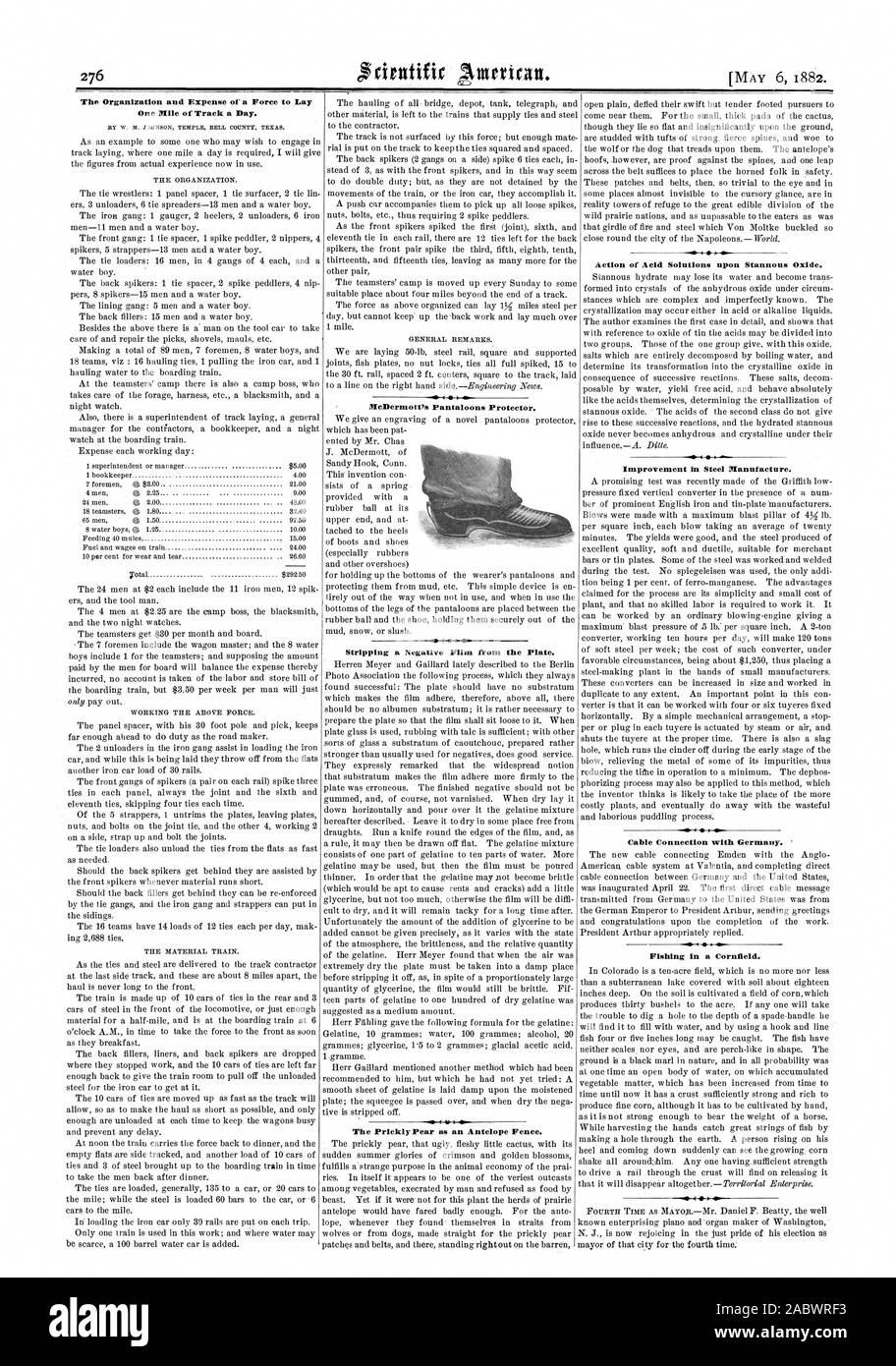 The Organization and Expense of a Force to Lay One Mile of Track a Day. McDermott's Pantaloons Protector. Stripping a Negative Film from the Plate. The Prickly Pear as an Antelope Fence. Action of Acid Solutions upon Stannous Oxide. Improvement in Steel Manufacture. Cable Connection with Germany.  Fishing in a Cornfield., scientific american, 1882-05-06 Stock Photo