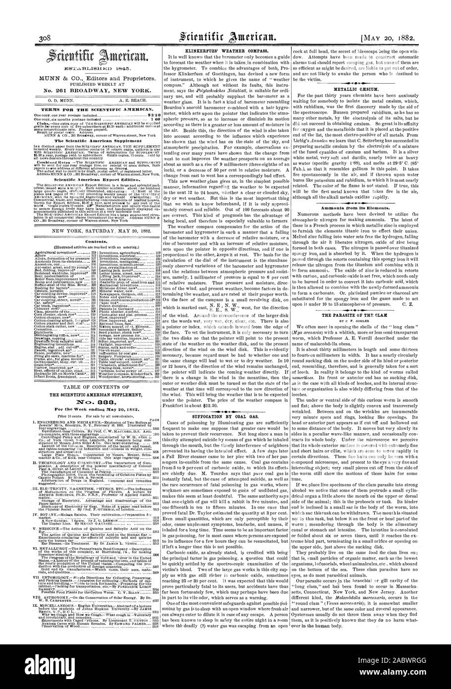 [MAY 20 1882. TERRIS FOR THE SCIENTIFIC AMERICAN. 2 The Scientific American Supplement Scientific American Export Edition. 'Contents. THE SCIENTIFIC AMERICAN SUPPLEMENT KLINRERFIJES' WEATHER COMPASS. SUFFOCATION BY COAL GAS. METALLIC CESIUM. Ammonia from its Elements. THE PARASITE OF THE CLAM, 1882-05-20 Stock Photo