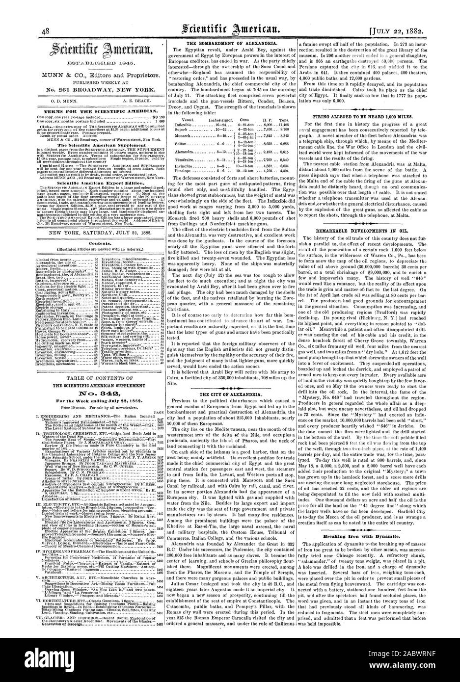The Scientific American Supplement Scientific American Export Edition. Contents. THE SCIENTIFIC AMERICAN SUPPLEMENT N. 840 For the Week ending July 22 1882. THE BOMBARDMENT OF ALEXANDRIA. THE CITY OF ALEXANDRIA. FIRING ALLEGED TO BE HEARD 1000 MILES. REMARKABLE DEVELOPMENTS IN OIL. Breaking Iron with Dynamite., 1882-07-22 Stock Photo