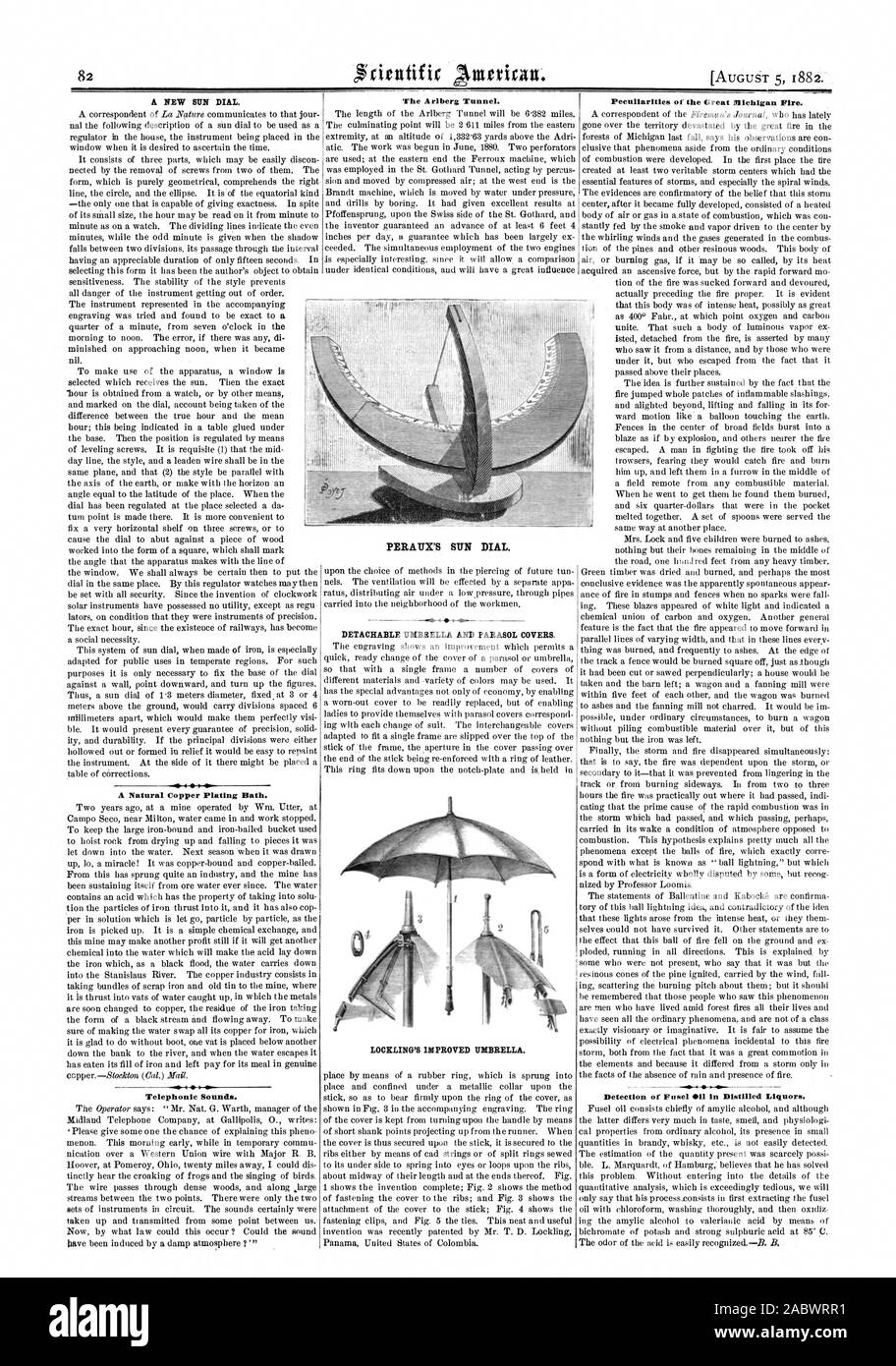 A NEW SUN DIAL. The Arlberg Tunnel. Peculiarities of the Great Michigan Fire. A Natural Copper Plating Bath. Telephonic Sounds. PERAUX'S SUN DIAL. DETACHABLE UMBRELLA AND PARASOL COVERS. Detection of Fusel Oil in Distilled Liquors., scientific american, 1882-08-05 Stock Photo