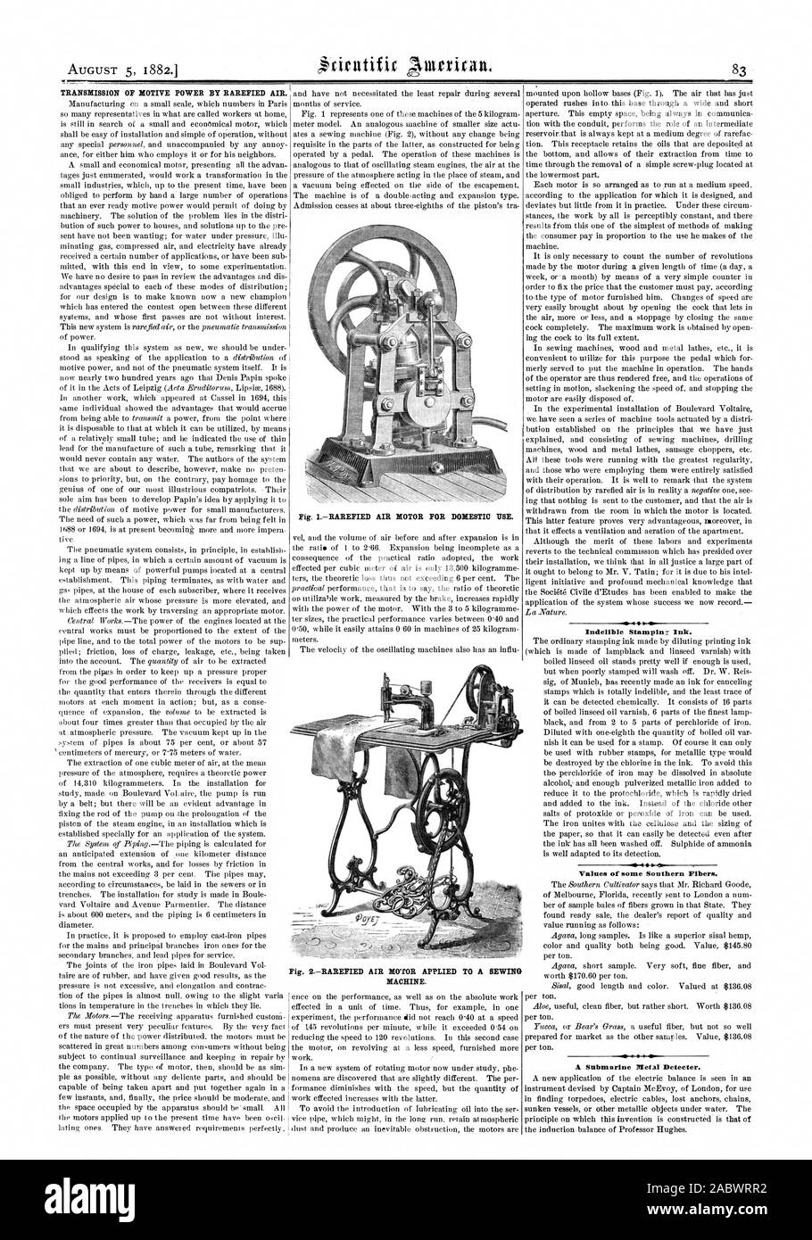 TRANSMISSION OF MOTIVE POWER BY RAREFIED AIR. Indelible Stampinz Ink. Values of some Southern Fibers. A Submarine Metal Deteeter., scientific american, 1882-08-05 Stock Photo