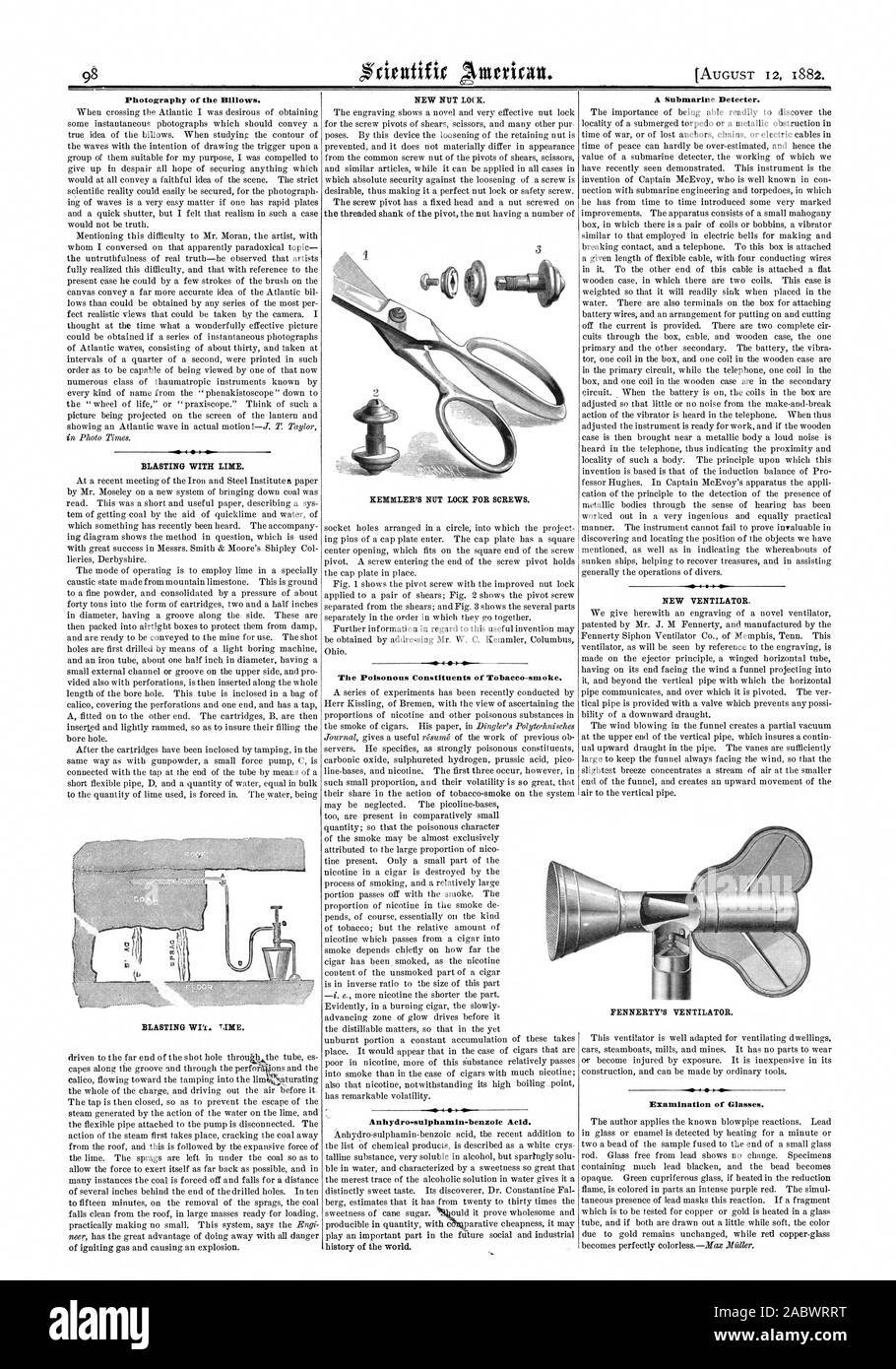 Photography of the Billows. The Poisonous Constituents of Tobacco-smoke. Anhydro-sulphamin-benzoic Acid. A Submarine Deteeter. 4  Examination of Glasses., scientific american, 1882-08-12 Stock Photo