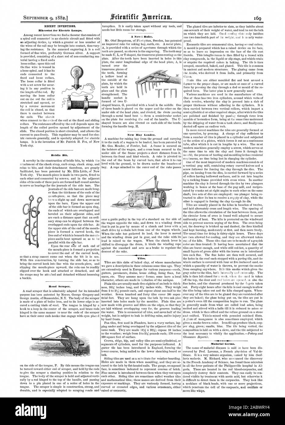 Road Scraper. RECENT INVENTIONS. Rheostat for Electric Lamps. Bridle Bit. A Novel Rake. New Bay Loader. Tiles. Malarial Germs., scientific american, 82-09-09 Stock Photo