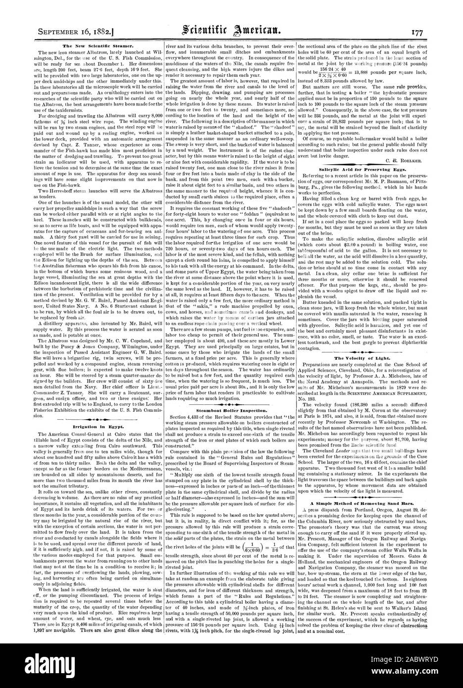 The New Scientific Steamer. Irrigation in Egypt.  4  Or Steamboat Boiler Inspection. Salicylic Acid for Preserving Eggs. The Velocity of Light. A Simple Method of Removing Sand Bars., scientific american, 1882-09-16 Stock Photo