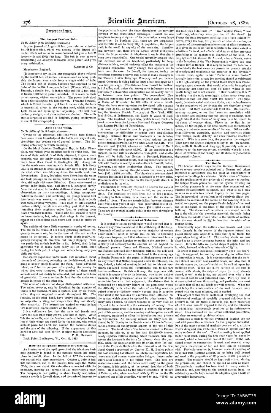 The Largest Leather Belt. Ants on the Wing. How the Telephone Business is Growing. ve 4  0 410 The Employment of Tobacco. Tar Roofs., scientific american, 1882-10-28 Stock Photo