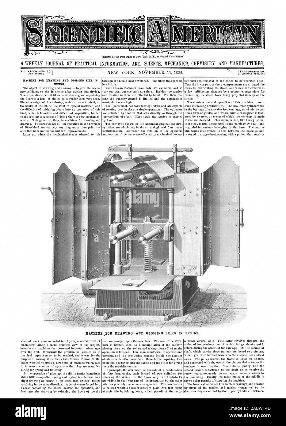 Entered at the Post Office of New York N.Y. as Second Class Matter. Vol. XL V1INo. 20.1 $3.20 perAnnum. MACHINE FOR DRAWING AND GLOSSING SILK IN SKEINS., scientific american, 1882-11-11 Stock Photo
