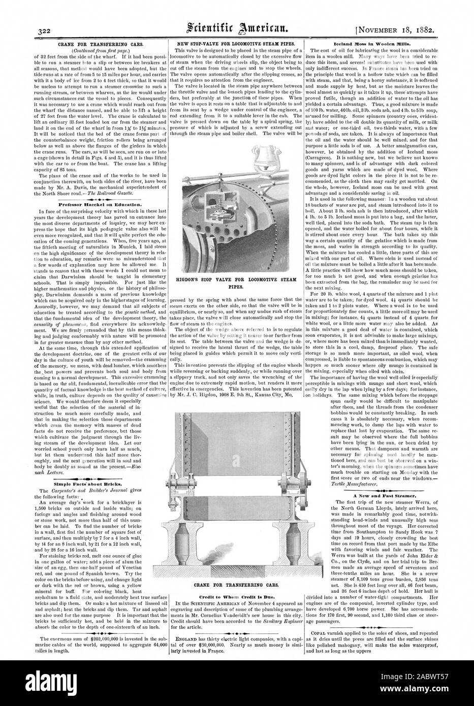 Professor litteckel on Education. Simple Facts about Bricks. HIGDON'S STOP VALVE FOR LOCOMOTIVE STEAM PIPES. Iceland Moss in Woolen Mills. A New and Fast Steamer. CRANE FOR TRANSFERRING CARS, scientific american, 1882-11-18 Stock Photo