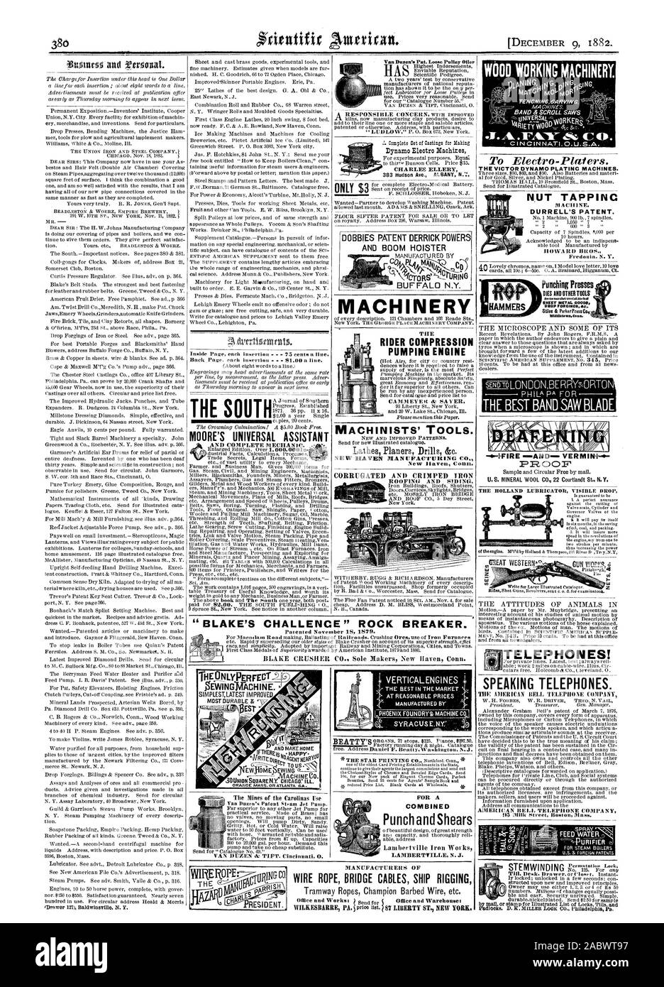 MOORE'S UNIVERSAL ASSISTANT CORRUGATED AND CRIMPED IRON To Electro-Plaiers. PROOF STEMWINDING MACHINISTS' TOOLS. RIDER COMPRESSION PUMPING ENGINE CA MMEYE it dr SAYER ONLY $3 DOBBIES PATENT DERRICK POWERS AND BOOM HOISTER BUFFALO N.Y. ACHINERY TELEPHONES! SPEAKING TELEPHONES. Van Duzen's Pat. Loose Pulley Oiler Dynamo Eleotro Machines 'BLAKE'S CHALLENCE ' ROCK BREAKER. NLYPERFECT OEWINGVACH I N E. EST FOR A COMBINED Punch and Shears LAMBERTVILLE N. J. SYRACUSE.Nr: MANUFACTURERS OF WIRE ROPE BRIDGE CABLES SHIP RIGGING Tramway Ropes Champion Barbed Wire etc WOOD WORKING MACHINERY. TENOVNGGARNG Stock Photo