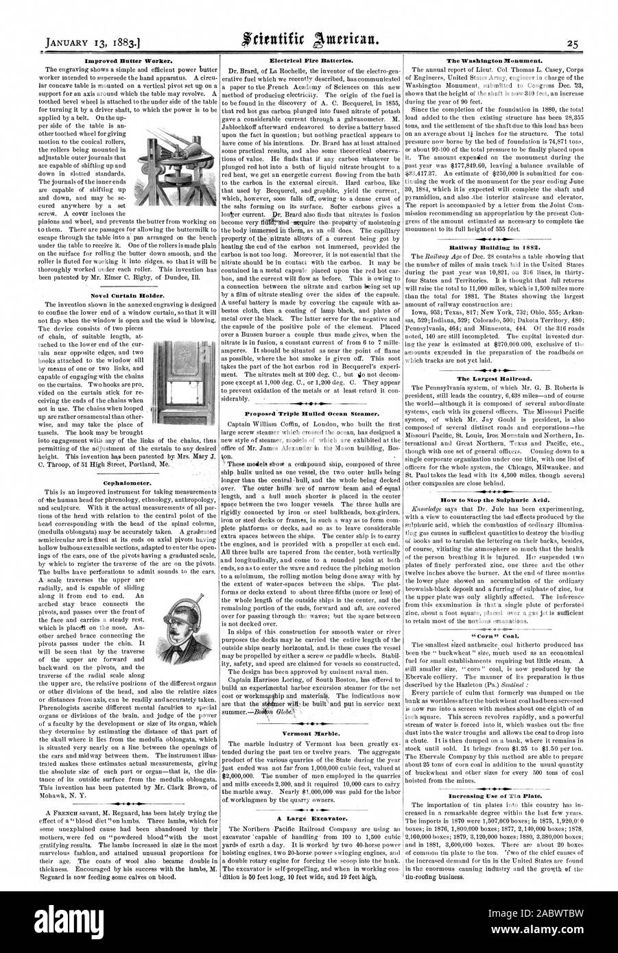 Improved Butter Worker. Novel Curtain Holder. Cephaiometer. I .41 Electrical Fire Batteries. Vermont Marble. A Large Excavator. The Washington Monument. Railway Building in 1882. The Largest Railroad. How to Stop the Sulphuric A cid. Increasing Use of Tin Plate., scientific american, 1883-01-13 Stock Photo