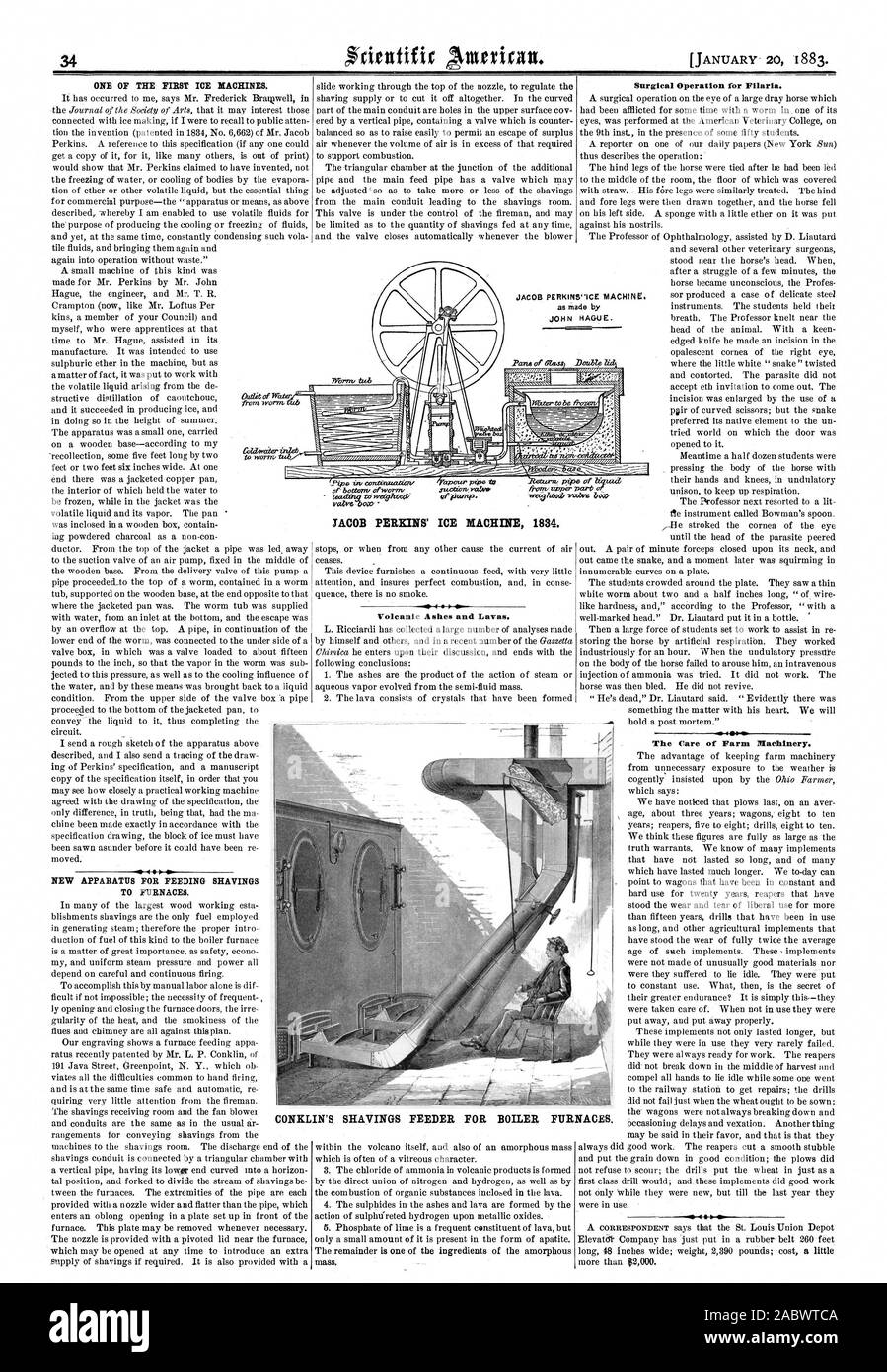 ONE OF THE FIRST ICE MACHINES. NEW APPARATUS FOR FEEDING SHAVINGS TO FURNACES. JACOB PERKINS' ICE MACHINE 1834. Volcanic Ashes and Lavas. Surgical Operation for Filaria. The Care of Farm Machinery. 461 4 BOILER FURNACES., scientific american, 1883-01-20 Stock Photo