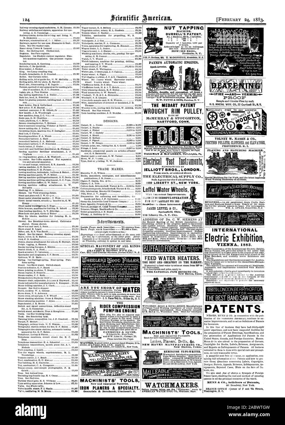 FEBRUARY 24 1883. NUT TAPPING DURRELL'S PATENT. SPECIAL MACHINERY OF ALL KINDS Leffel Water Wheels FEED WATER HEATERS. MACHINISTS' TOOLS. RIDER COMPRESSION PUMPING ENGINE THE MEDART PATENT WROUGHT RIM PULLEY HARTFORD CON N. 109 LIBERTY ST. NEW YORK. REMINGTON TT PE-WRITER. MACHINISTS' TOOLS A VERIVIIN+.4P PROOF' INTERNATIONAL Electric Exhibition VIENNA 1883 PATENTS., scientific american, 1883-02-24 Stock Photo