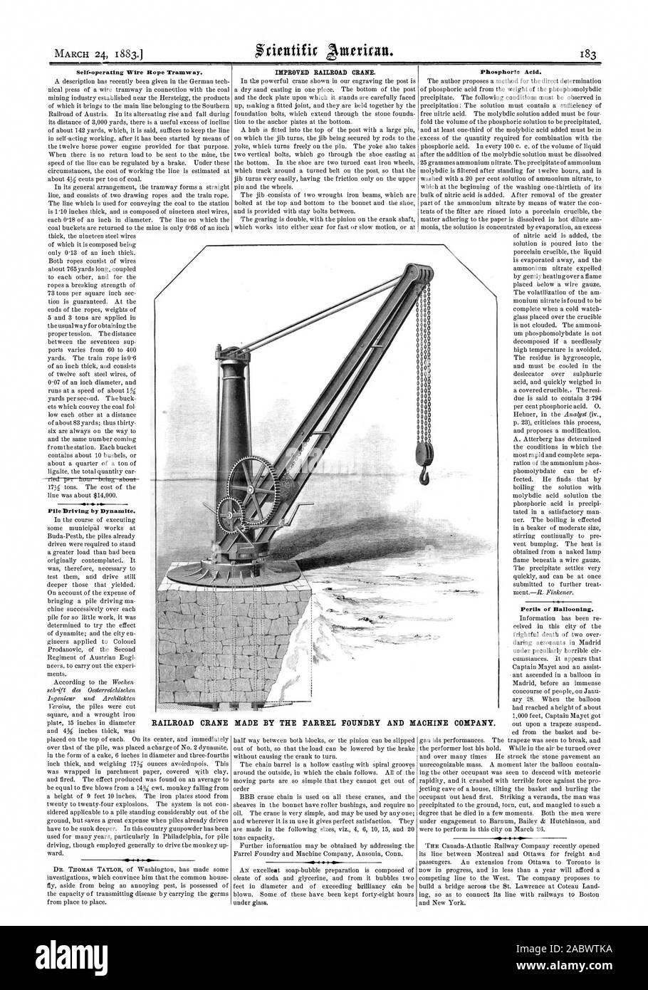 Self-operating Wire Rope Tramway. Pile Driving by Dynamite. IMPROVED RAILROAD CRANE. Phosphoric Acid. Perils of Ballooning. RAILROAD CRANE MADE BY THE FARREL FOUNDRY AND MACHINE COMPANY., scientific american, 1883-03-24 Stock Photo