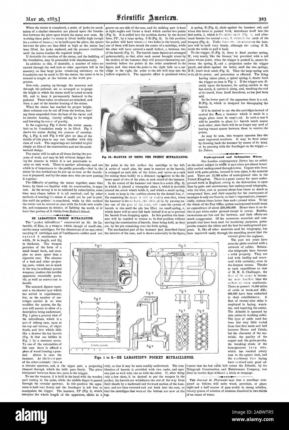 Underground and Submarine Wires. Figs. 1 to 9DE LABASTIDE'S POCKET 31ITRAILLEUSE., scientific american, 1883-05-26 Stock Photo