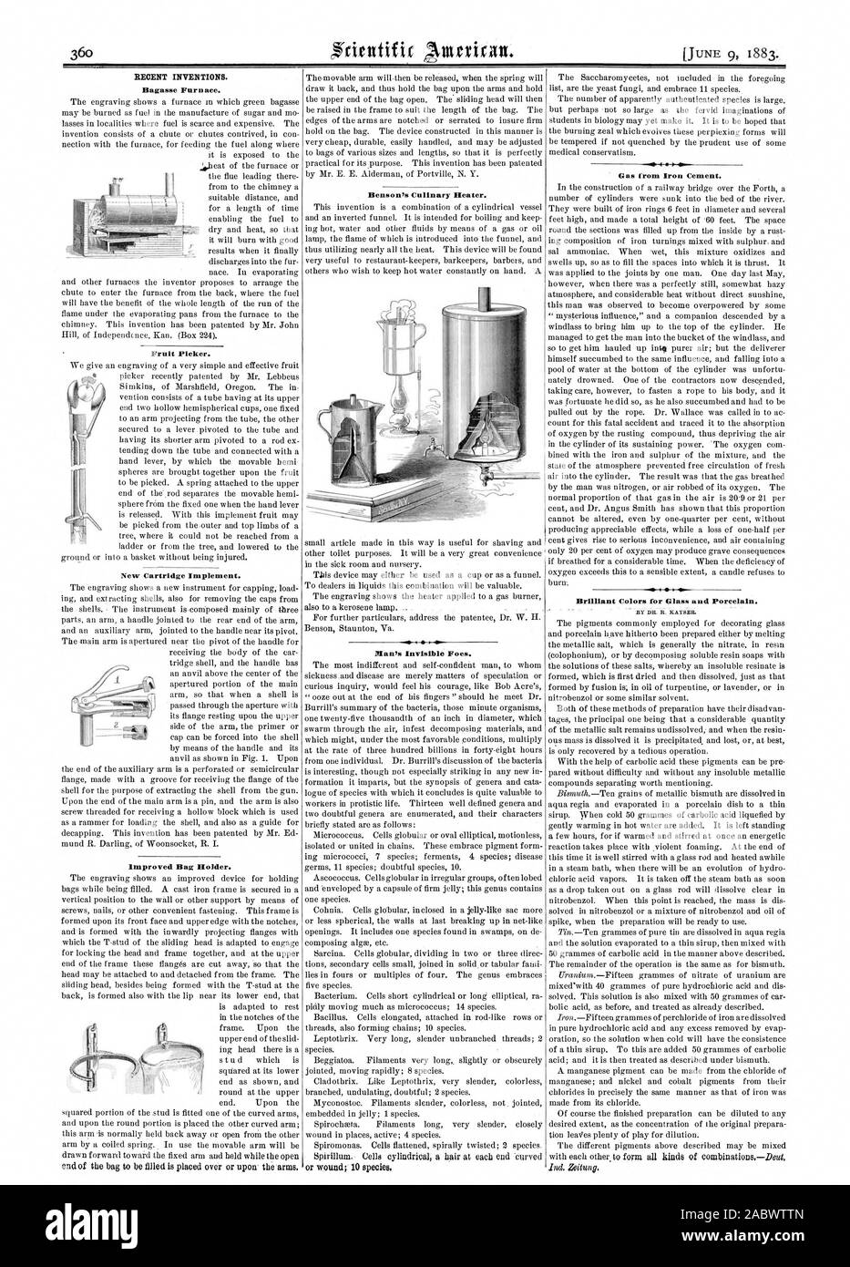 Bagasse Furnace. Fruit Picker. New Cartridge Implement. Improved Bag Holder. Benson's Culinary Heater. Man's Invisible Foes. Gas from Iron Cement. All i Brilliant Colors for Glass and Porcelain., scientific american, 1883-06-09 Stock Photo