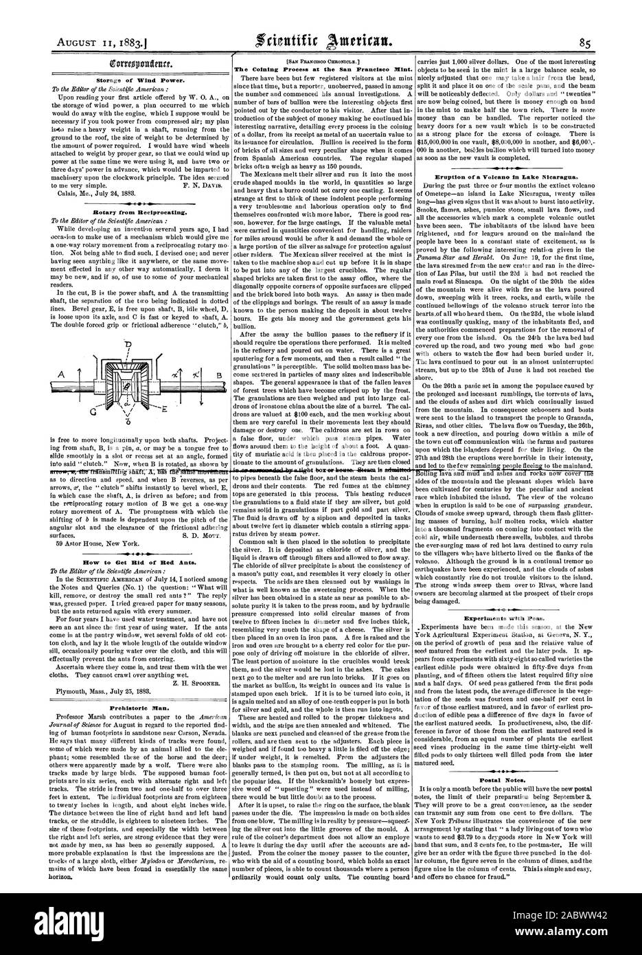 AUGUST II I883. I Storage of Wind Power. Rotary from Reciprocating. How to Get Rid of Red Ants. Prehistoric Man. The Coining Process at the San Francisco Mint. Eruption of a Volcano in Lake Nicaragua Experiments with Peas. Postal Notes., scientific american, 1883-08-11 Stock Photo