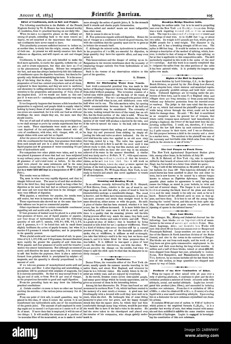 Effect of Condiments such as Salt and Pepper. Device for Discharging Water from Vessels. Steaming and Bending Wood. A Singular Tombstone. Brooklyn Bridge Traetion Cable. Rights of the Bull in England. The Curl Fungus on Peach Trees: Maple Last Blocks. Products of the Slow Combustion of Ether., scientific american, 1883-08-18 Stock Photo