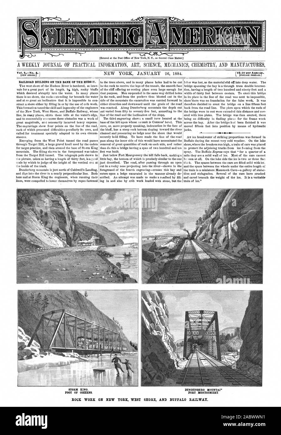 A WEEKLY JOURNAL OF PRACTICAL INFORMATION ART SCIENCE MECHANICS CHEMISTRY AND MANUFACTURES. [NEW SERIES.] j RAILROAD BUILDING ON THE BANK OF THE HUDSON. STORM KING. DUNDERBERG DIOUNTAI FOOT OF COZZENS. FORT MONTGOMERY. ROCK WORK ON NEW YORK WEST SHORE AND BUFFALO RAILWAY, scientific american, 1884-01-26 Stock Photo