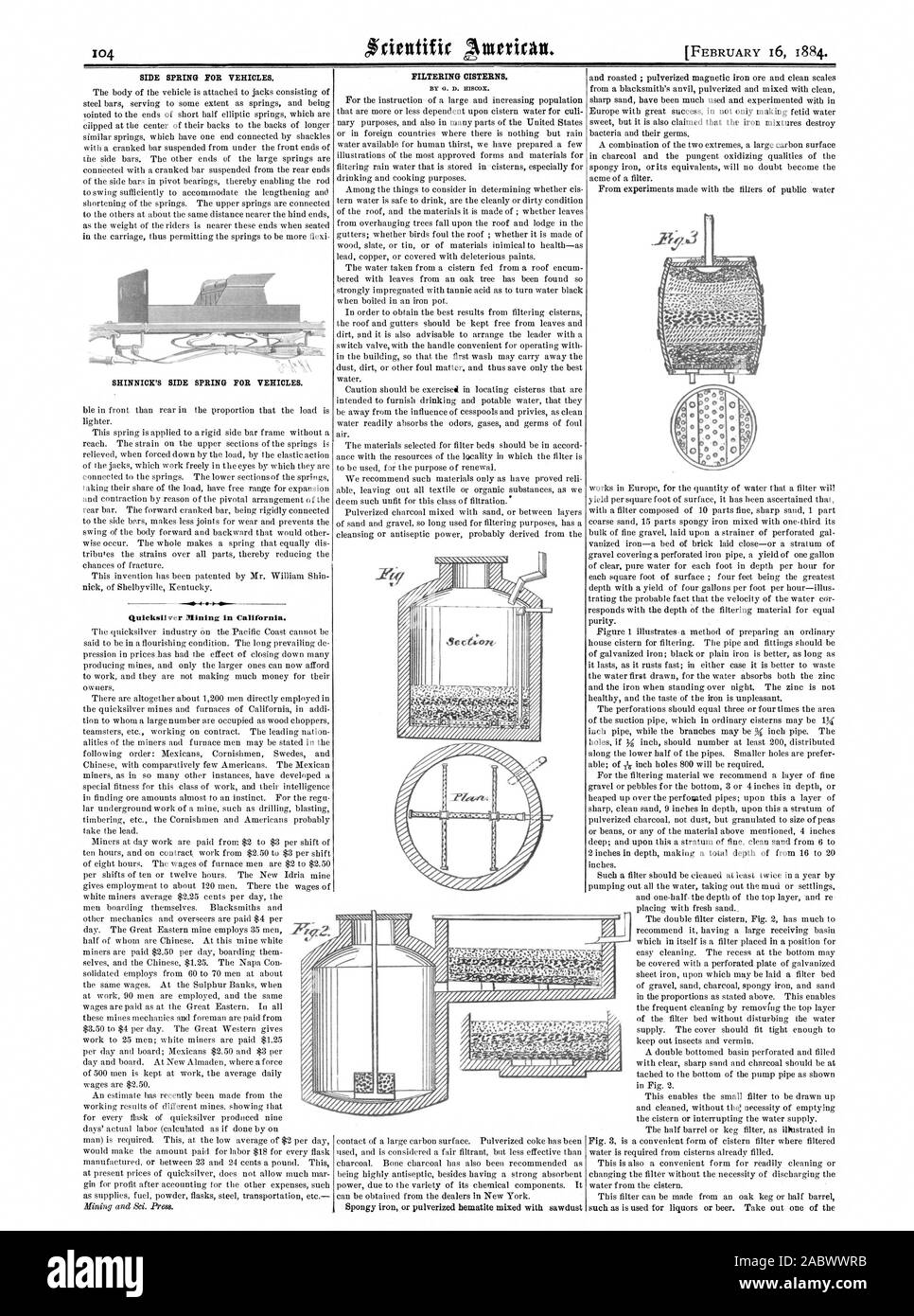 SIDE SPRING FOR VEHICLES. SHINNICK'S SIDE SPRING FOR VEHICLES. Quicksilver Mining in California. FILTERING CISTERNS. -1 Ale Zff Ale, scientific american, 1884-02-16 Stock Photo
