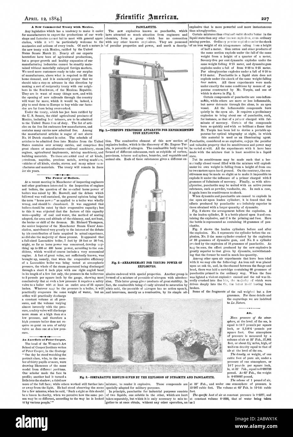 The Power of Boilers. An Anecdote Anecdote of Peter Cooper. PANCLASTITE. Fig. 2ARRANGEMENT FOR TESTING POWER OF EXPLOSIVES. Air. PERCUSSION APPARATUS FOR EXPERIMENTING UPON EXPLOSIVES. Fig. 8 COMPARATIVE RESULTS GIVEN BY THE EXPLOSION OF DYNAMITE AND PANCLASTITE., scientific american, 1884-04-12 Stock Photo