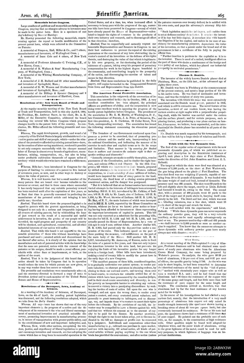 Ix Resolutions of the New York Board of Trade and Transportation. +-41. Resolutions of the Davenport Iowa Academy of Sciences. The American Patent Protective Association. Thomas E. Daniels. Trials with the New Dynamite Gun. Wire Tests., scientific american, 1884-04-26 Stock Photo